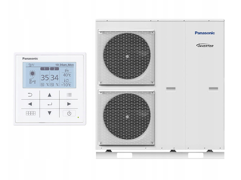 Panasonic Aquarea mono-bloka āra siltumsūknis ar diviem ventilatoriem un atsevišķu vadības pulti.