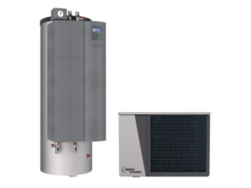 Alpha Innotec Hybrox 5 iekštelpu cilindriskais bloks ar pieslēgumiem un atsevišķs āra bloks ar ventilācijas resti.