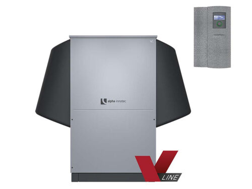 Alpha Innotec LWAV 122R3-WR gaiss–ūdens siltumsūknis ar pievienotu vadības pulti augšējā stūrī.