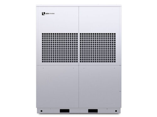 Alpha Innotec LWP 450-LUX gaiss–ūdens siltumsūknis priekšskatā ar diviem ventilācijas režģiem.