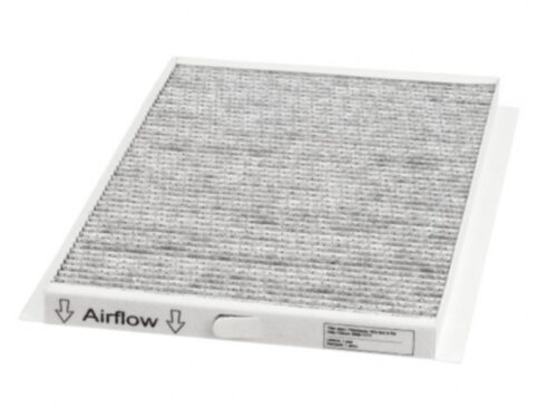 Pelēks ISO ePM2.5 M5 filtrs Flair 450/600 ventilācijas iekārtai ar redzamu Airflow plūsmas virziena marķējumu.