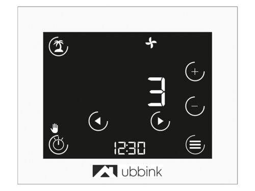 Ubiflux Vigor skārienvadības panelis ar melnu displeju, ventilatora ātruma rādījumu un vadības ikonām.