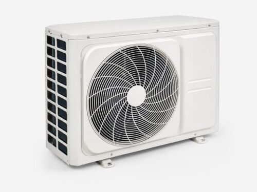 Midea multisplit āra bloks skatā no priekšpuses un sāniem ar redzamu siltummaiņa režģi