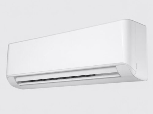 Midea sienas un griestu tipa kondicioniera iekštelpu bloks priekšējā slīpā skatā ar aizvērtu korpusu un apakšējo gaisa izplūdi.