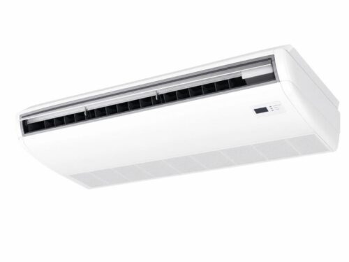 Midea sienas un griestu tipa kondicioniera iekštelpu bloks slīpā skatā ar atvērtu gaisa izplūdes žalūziju un vadības paneli.
