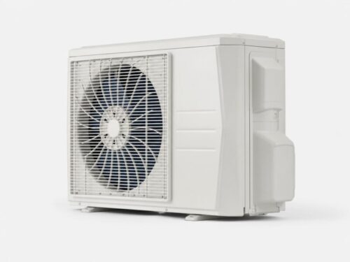 Midea invertera āra bloks slīpā priekšskatā, redzams ventilatora režģis un sānu korpuss.