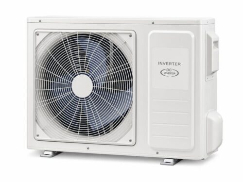 Midea invertera kompresora-kondensatora āra bloks priekšskatā ar ventilatora režģi.