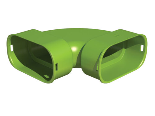 Zaļš ovāla ventilācijas kanāla horizontāls 90° līkums ar savienojuma galiem.