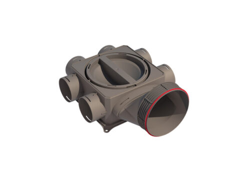 Pelēks Air Excellent DB206H160 sadales kolektors ar apaļu galveno pieslēgumu un sānu izvadiem.