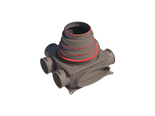 Pelēks Air Excellent DB206V125-200 sadales kolektors ar pakāpenisku vertikālu adapteri un sānu izvadiem.